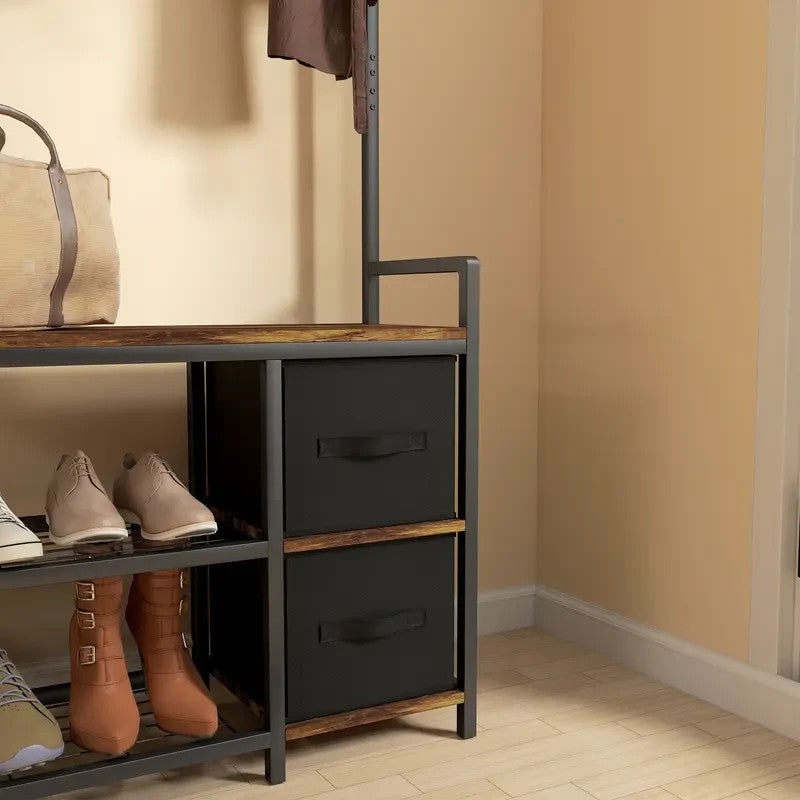 Rustic Coat Rack Bench with Hooks & Drawers – Hallway Storage Stand