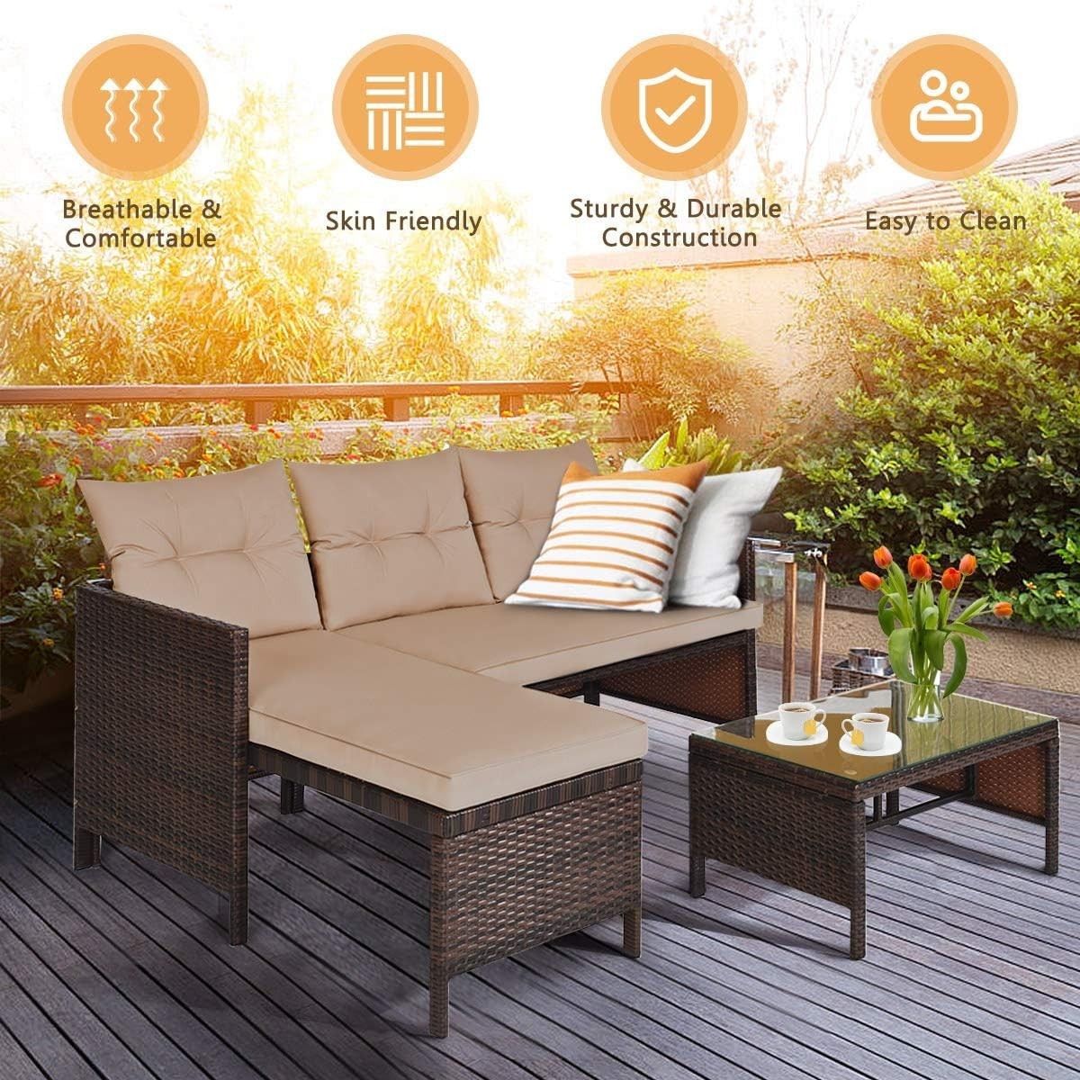 Outdoor Rattan Garden Sofa Set with Chaise Lounge & Tempered Glass Table