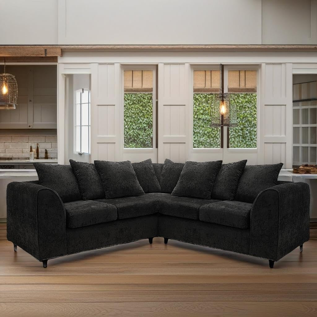 2C2 Black Chenille Corner Sofa – Large 5 Seater L-Shape Settee with Scatter