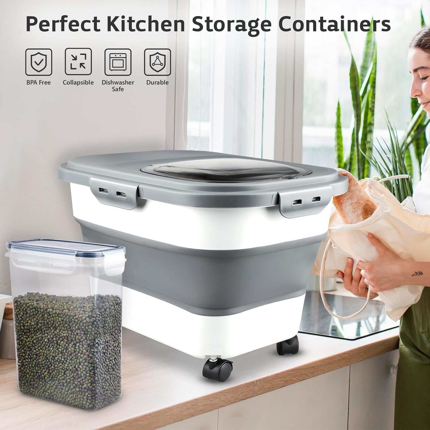 Collapsible Rice Storage Bin 10-30LBS Airtight Food Container Wheels