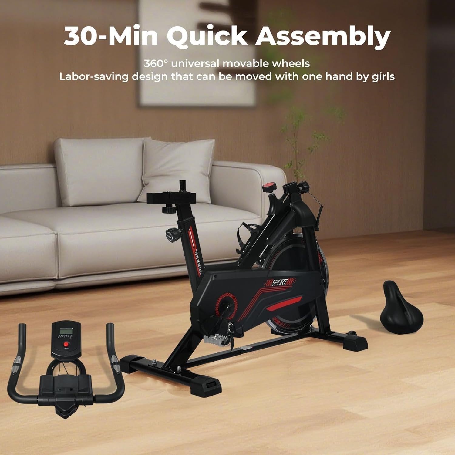 Indoor Exercise Bike w/ Adjustable Seat, Quiet Belt Drive & LCD Monitor, 150kg