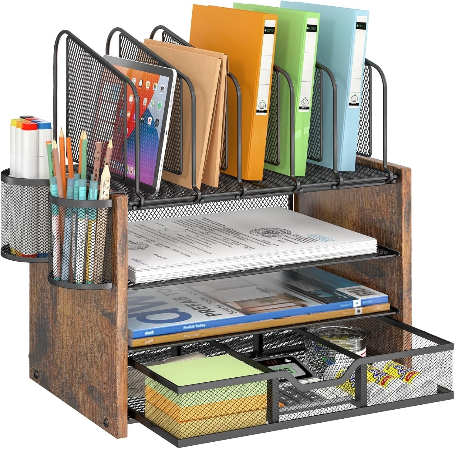 4 Tier Desk Organizer with Drawer Mesh File Organizer Pen Holders Office