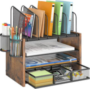4 Tier Desk Organizer with Drawer Mesh File Organizer Pen Holders Office