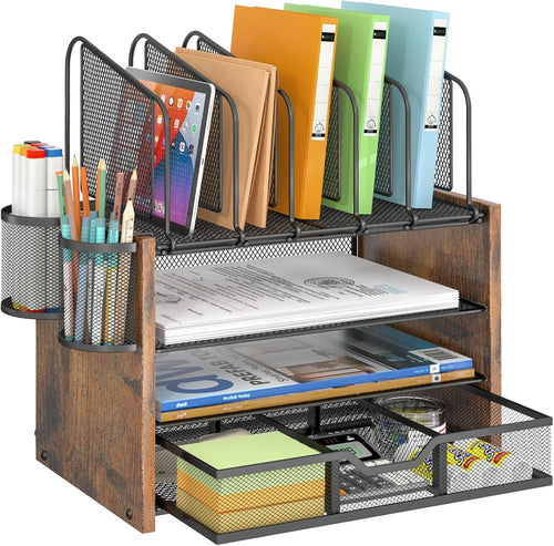 4 Tier Desk Organizer with Drawer Mesh File Organizer Pen Holders Office