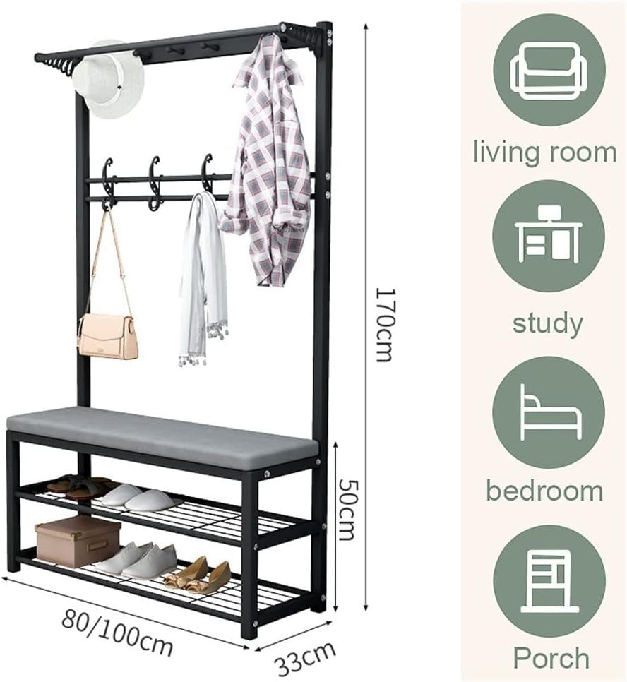 Compact White Grey Coat Rack with Bench & Shoe Storage 80cm Hallway Stand