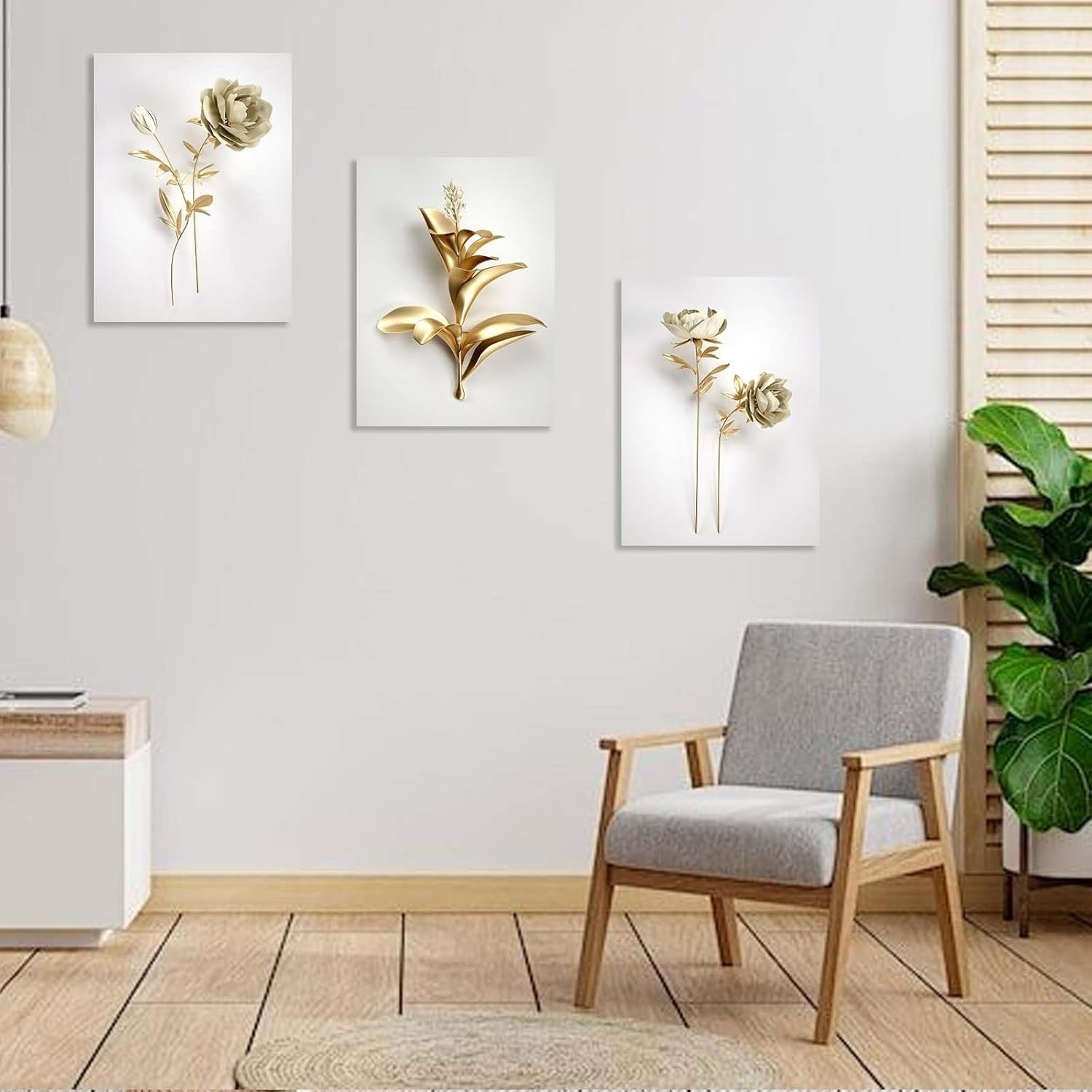 3-Piece 3D Gold Flower Canvas Wall Art – Luxury Modern Floral 12x16in