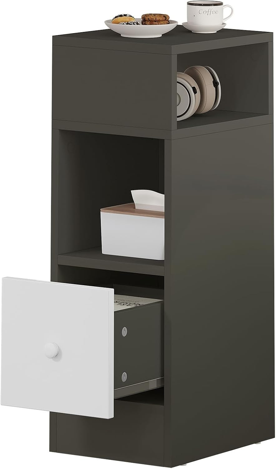 Set of 2 Slim Dark Grey Bedside Tables with Drawer & Open Shelves 25x30x66cm