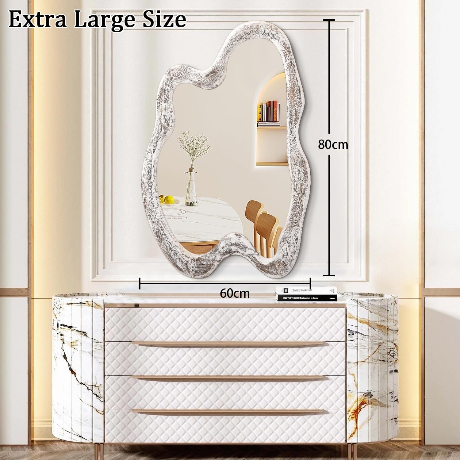 Vintage Irregular Wall Mirror 80x60cm Rustic White Frame for Entryway