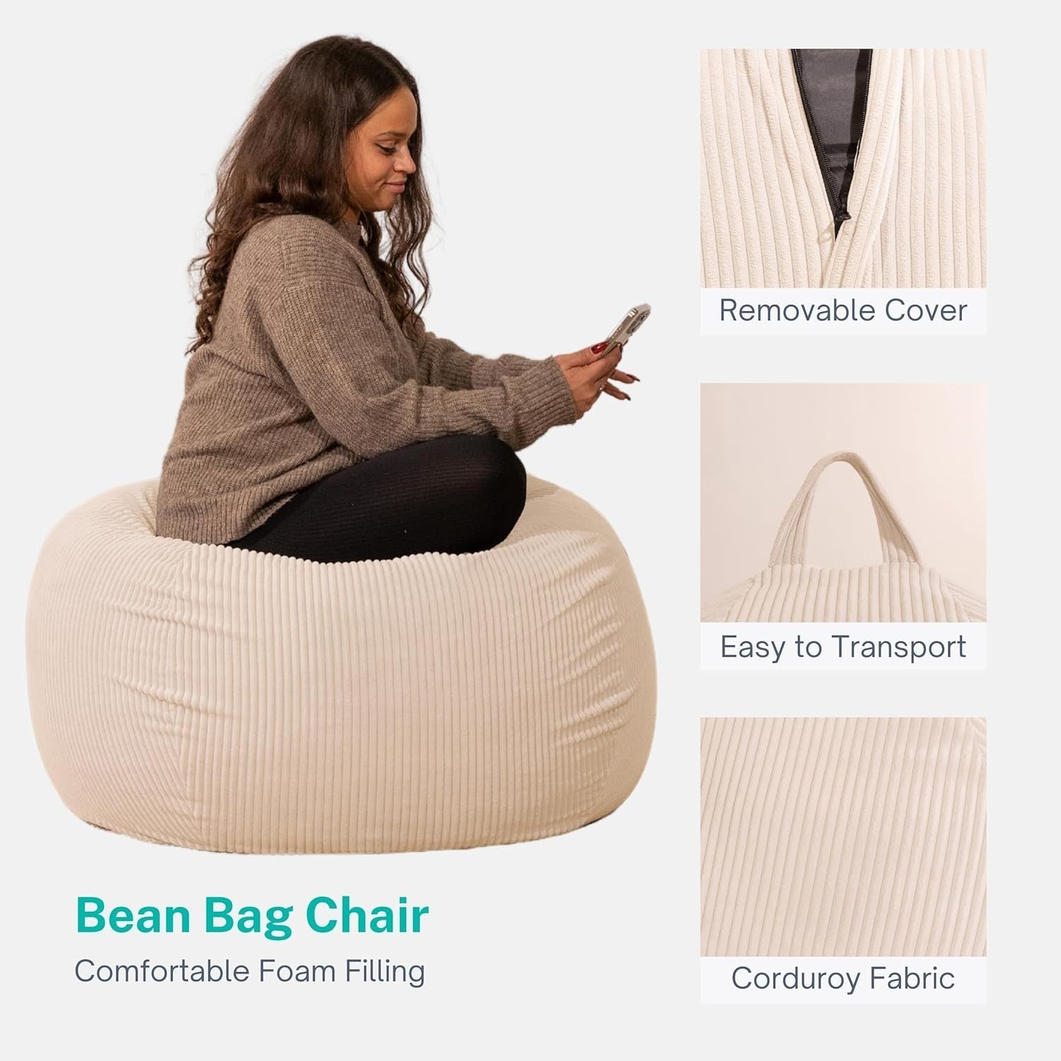Comfortable Corduroy Bean Bag Chair for Kids & Adults with Washable Cover