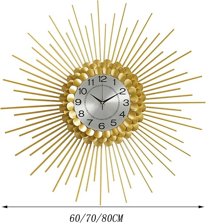 Luxury Sunburst Wall Clock 60cm Modern Metal Gold Silent Large Home Decor