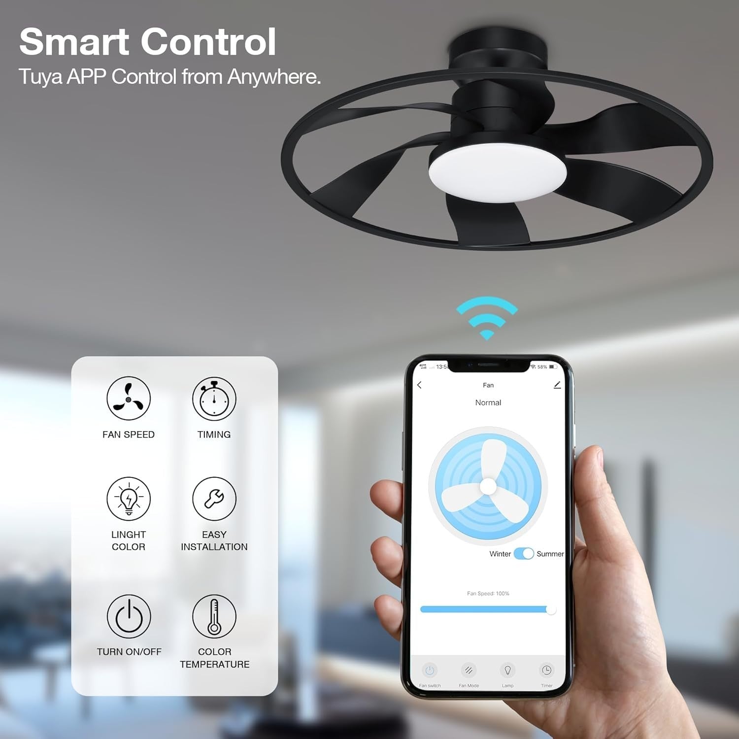 Hoenofly 22" Smart Ceiling Fan with Light, WiFi App Remote, Dimmable – Black