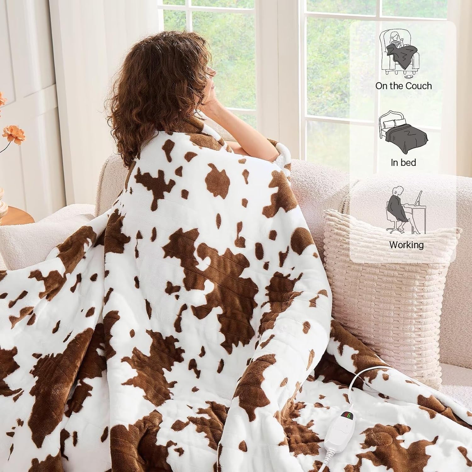 Electric Heated Throw Blanket Cow Print Sherpa 10 Heat Auto Off Washable