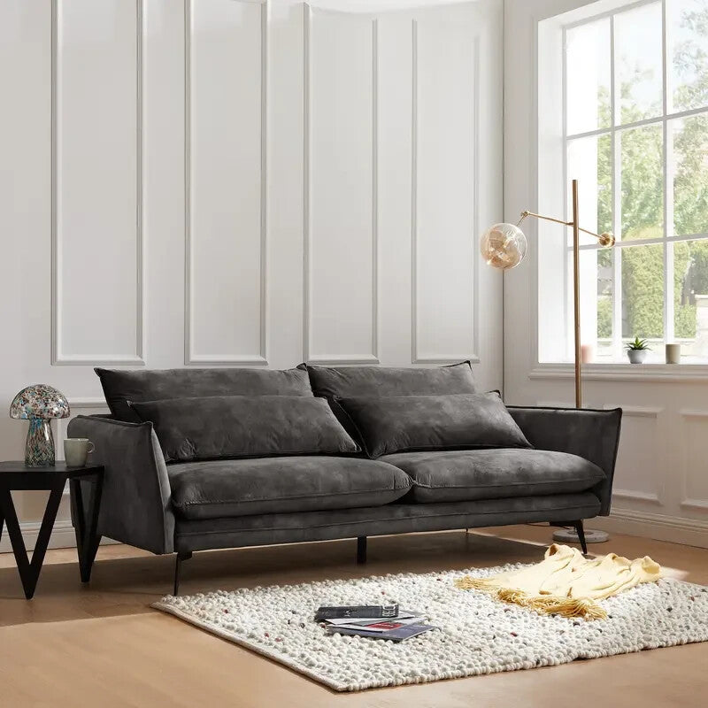 3 Seater Grey Velvet Sofa – Deep Seat Modern Sofa with Metal Legs