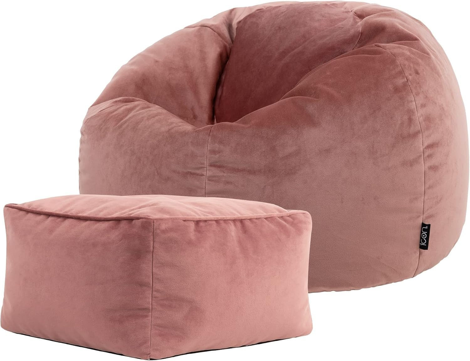 Velvet Bean Bag Chair w/ Footstool Dusk Pink Adult Size Luxury Seat