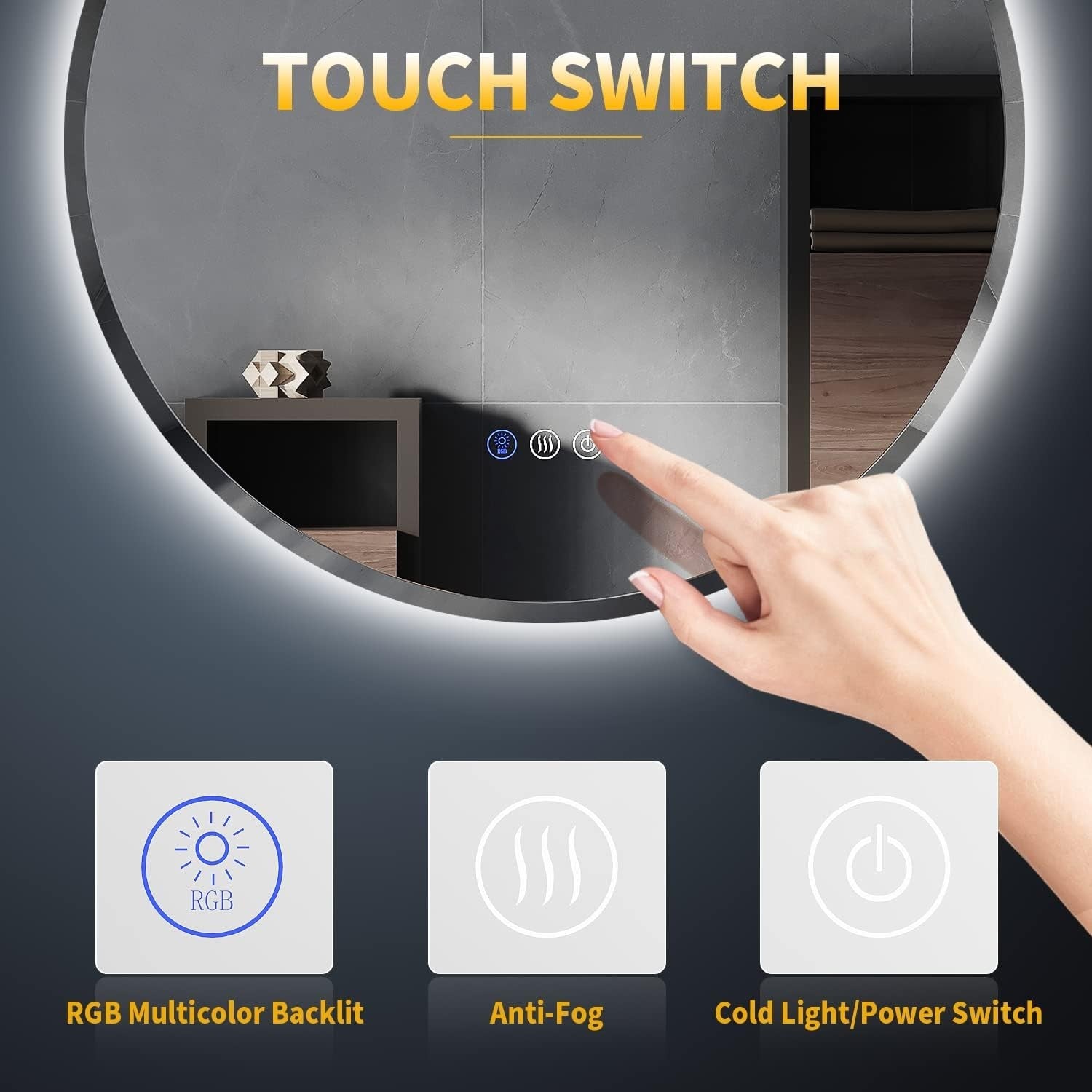 Round LED Bathroom Mirror 60cm RGB Color Change Anti-Fog Touch Control