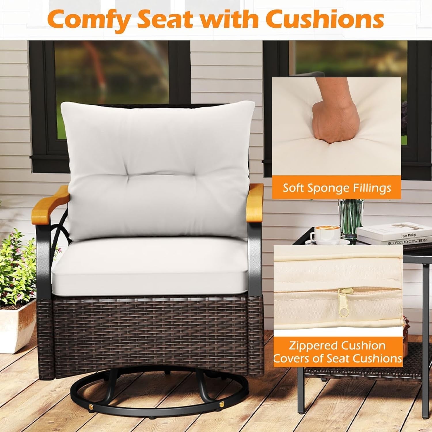 3PC Rattan Swivel Rocking Chairs Bistro Set Patio Garden Table Cushions