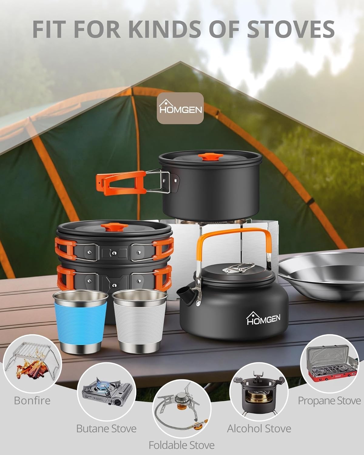 Orange Camping Cookware Set with Pot, Pan, Kettle & Windshield for 2–3 People