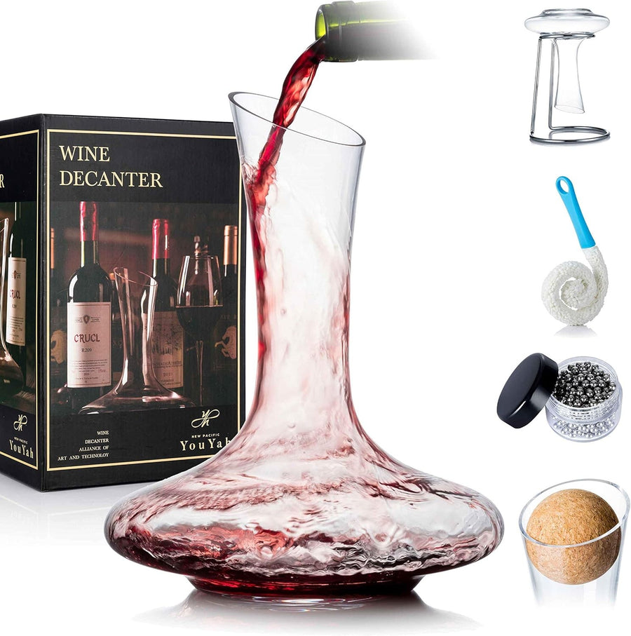 Crystal Wine Decanter Set 1200ml with Stand Stopper Brush Beads Gift Set