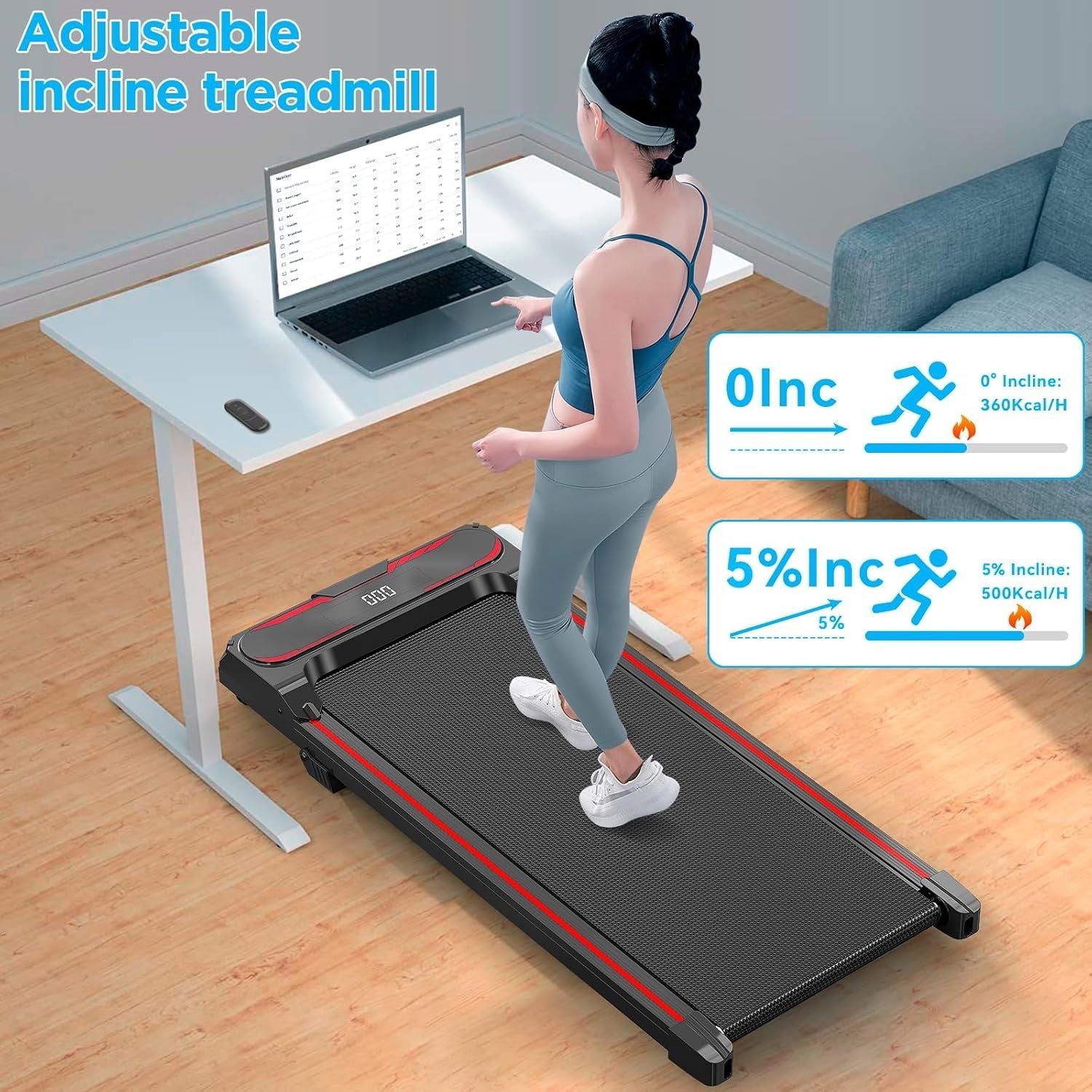 Under Desk Treadmill with 5% Incline, Portable Walking Pad, LED Display
