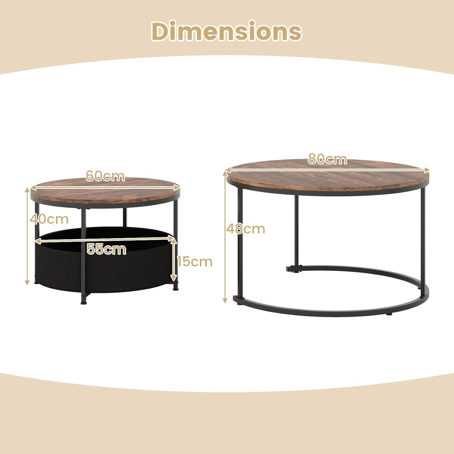 Nesting Coffee Table Set of 2 Round Side End Tables Rustic Industrial Metal