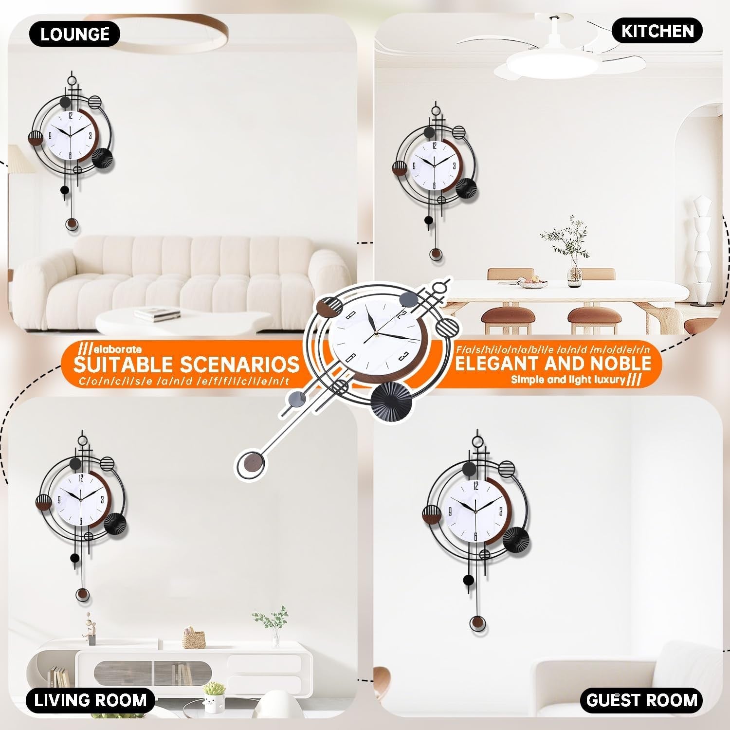 37×71cm Black Pendulum Wall Clock – Silent Quartz Modern Large Decorative Design