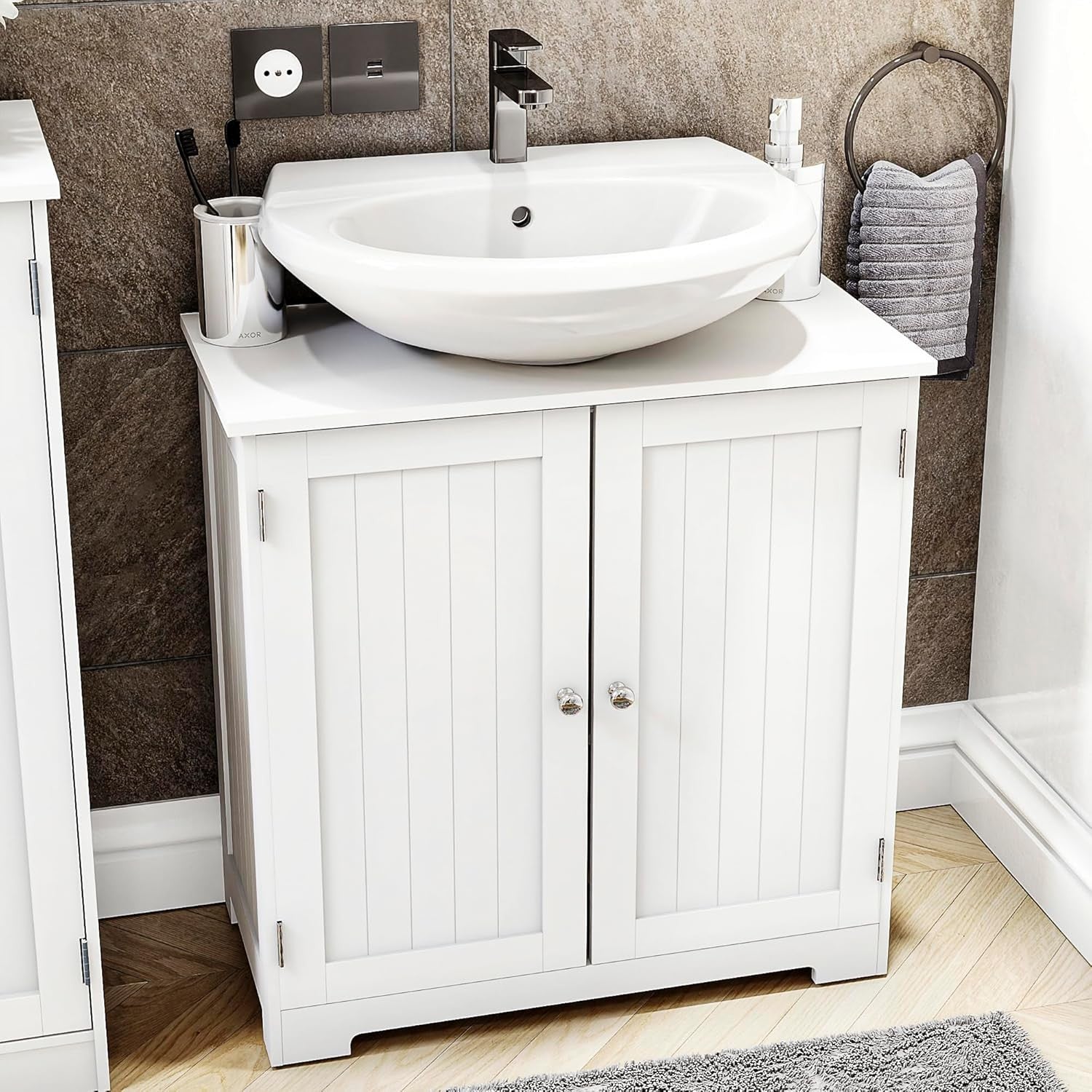 White Under Sink Bathroom Cabinet – 2 Door Storage Unit with Shelves 60cm Modern