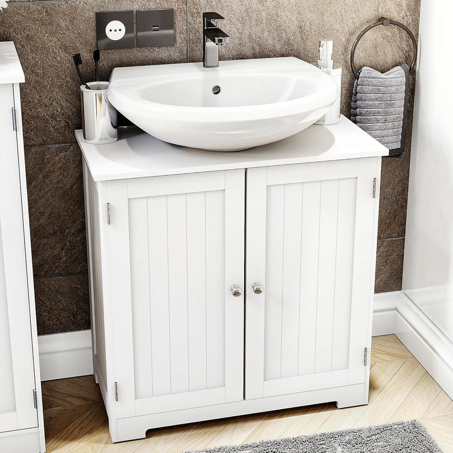 White Under Sink Bathroom Cabinet – 2 Door Storage Unit with Shelves 60cm Modern