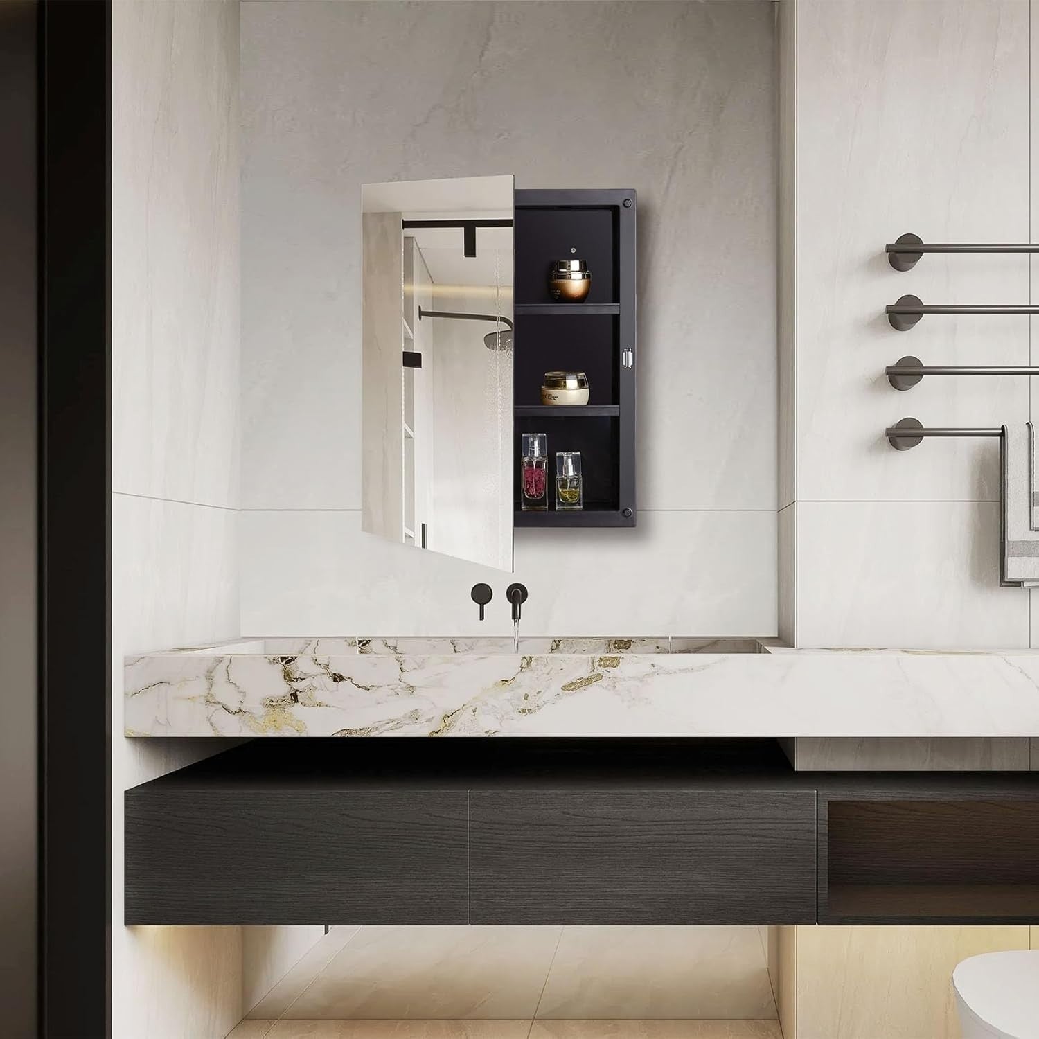 Wall-Mount Black Plastic Mirror Cabinet with Polished Edge & Adjustable Shelves