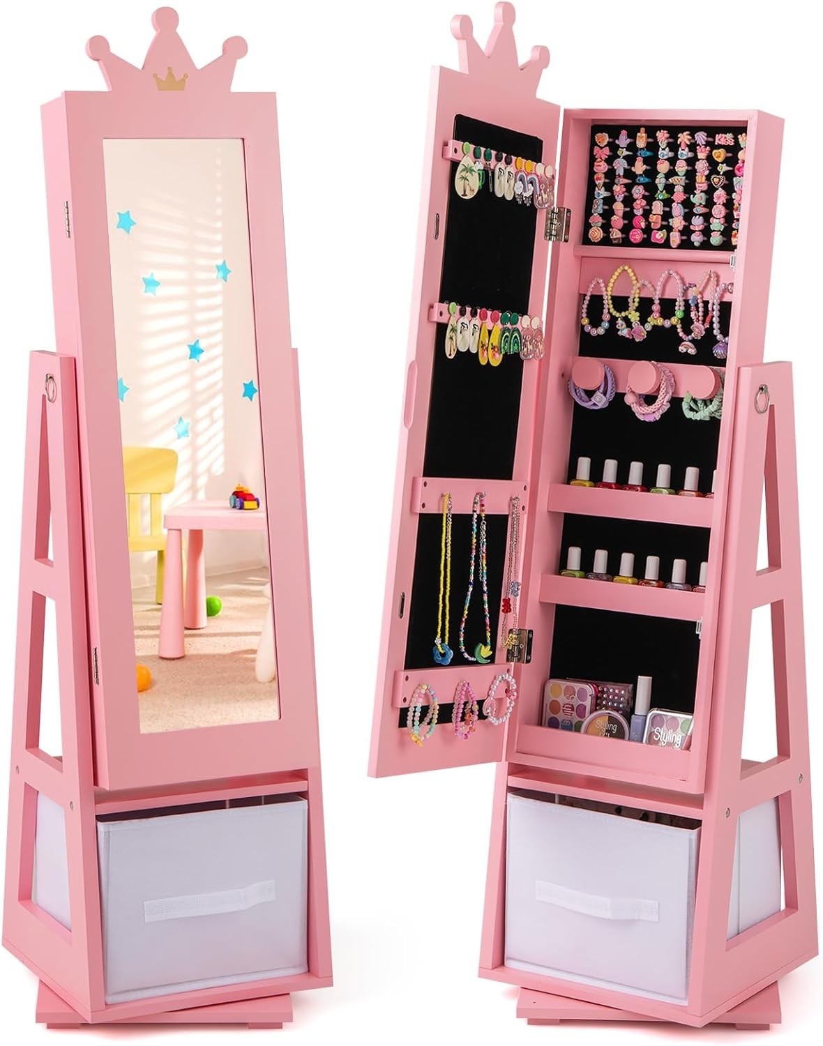 Kids Pink Jewelry Cabinet 360° Swivel Mirror Dress Up Organizer Vanity