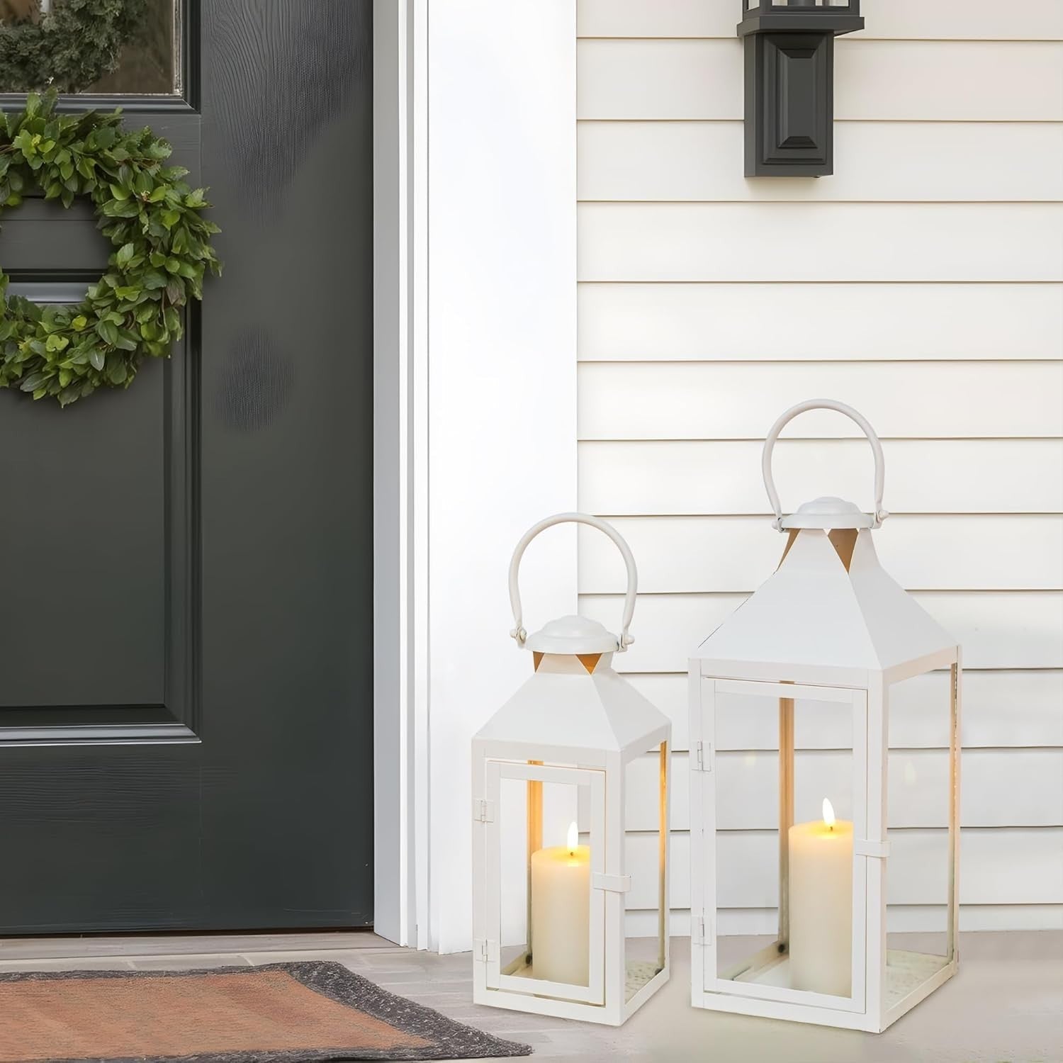 Set of 2 Cream Metal Candle Lanterns Indoor Outdoor