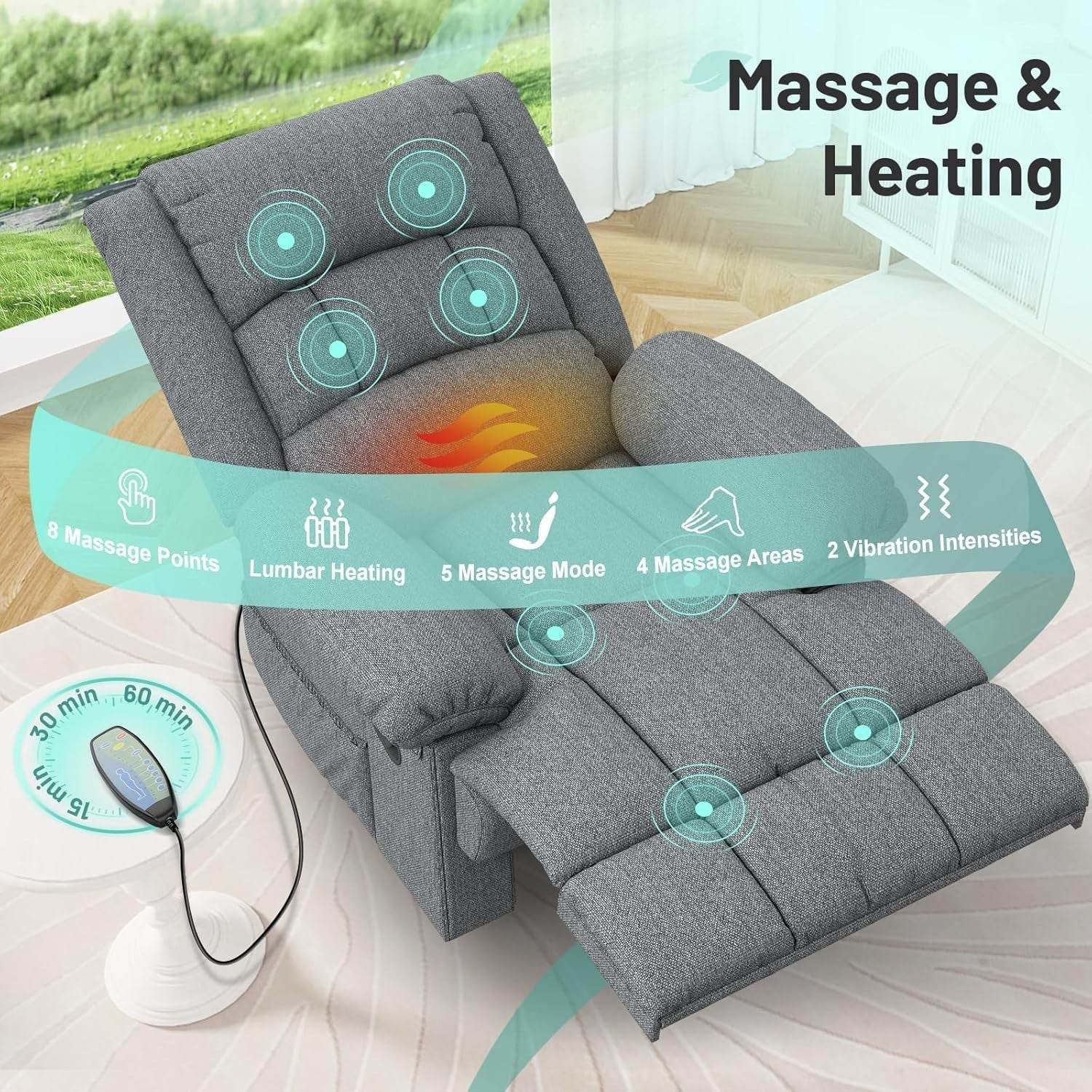Grey Recliner Armchair Massage Heat Sofa Chair Adjustable Backrest Legrest