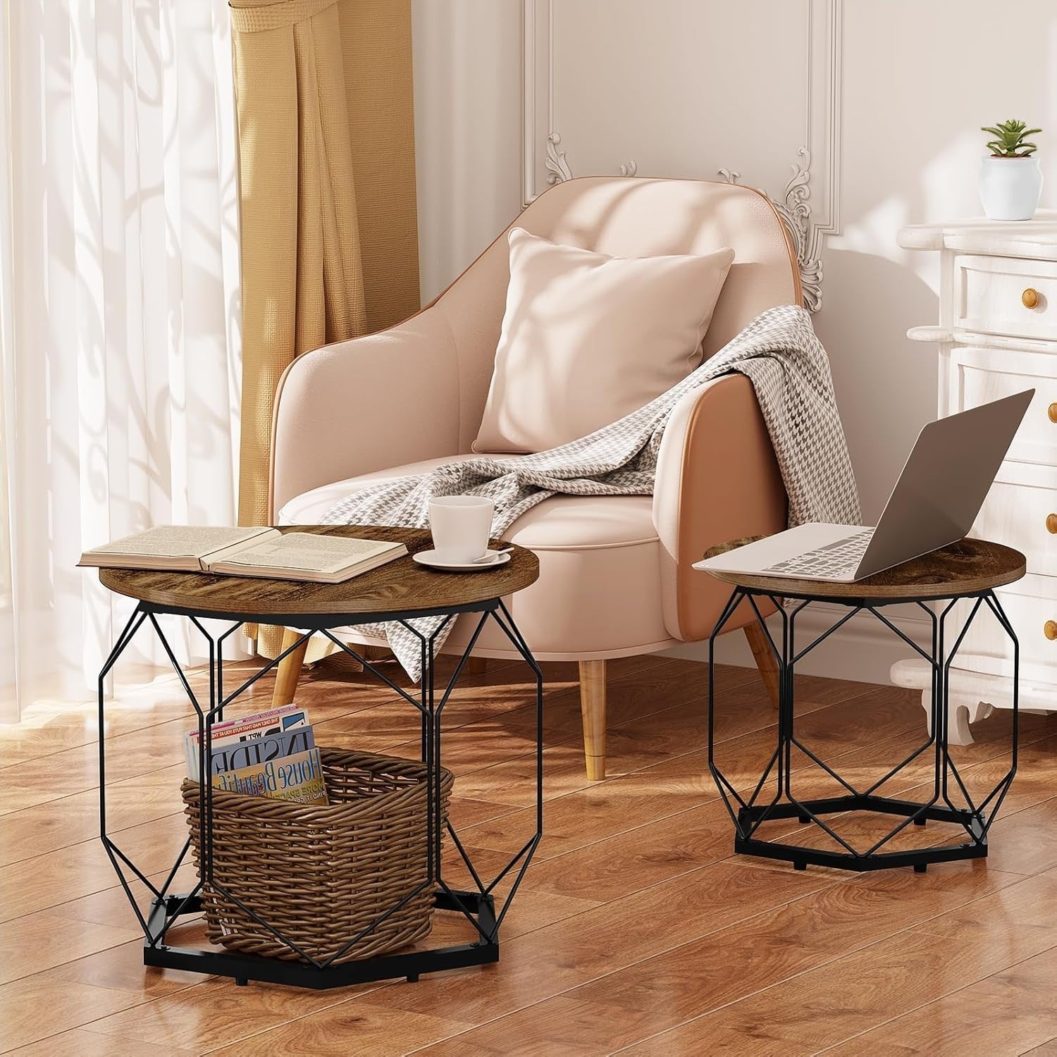 Set of 2 Round Coffee Tables with Storage Shelves, Sturdy Metal Frame