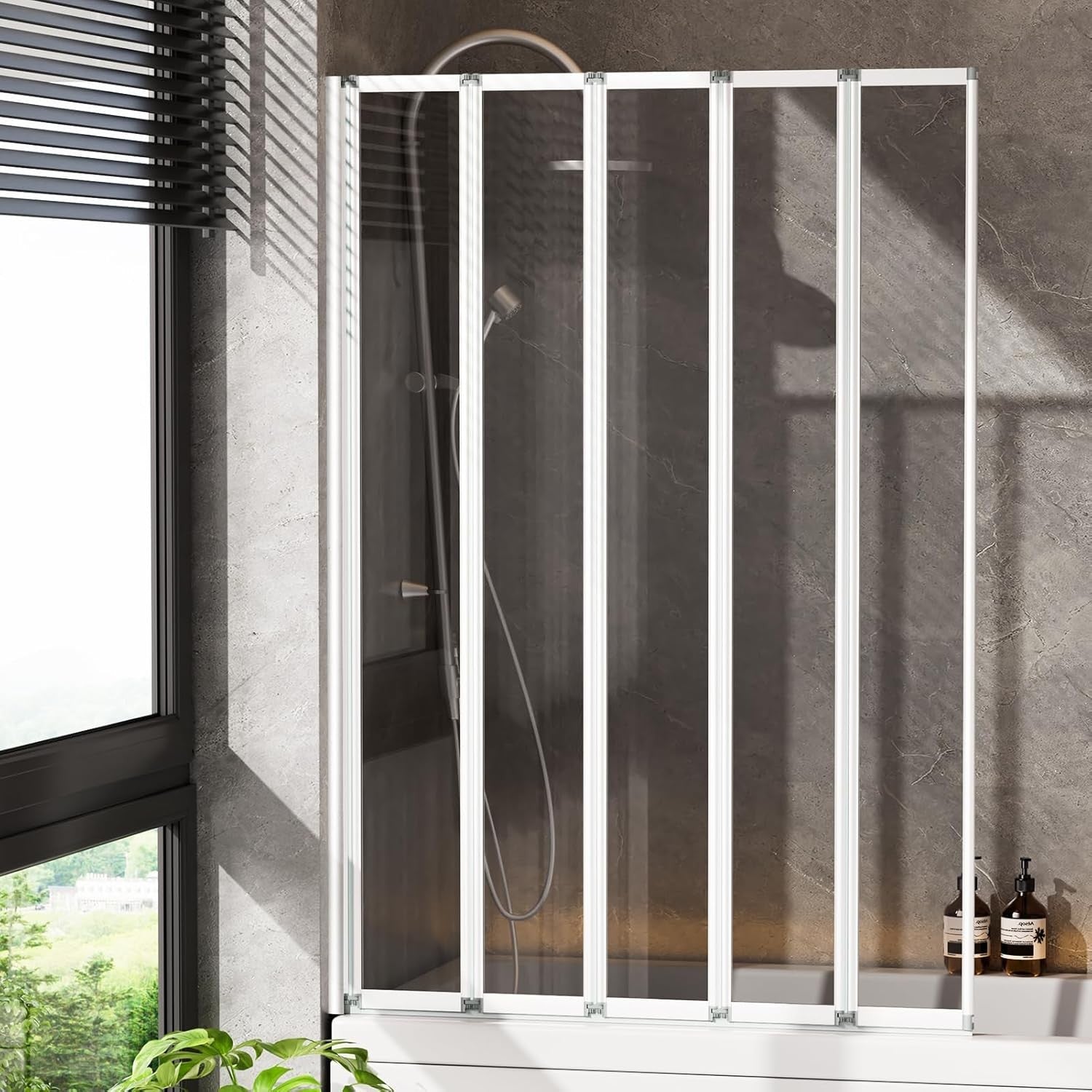 5 Panel Folding Shower Screen 1200x1400mm Tempered Glass Bath Screen Silver