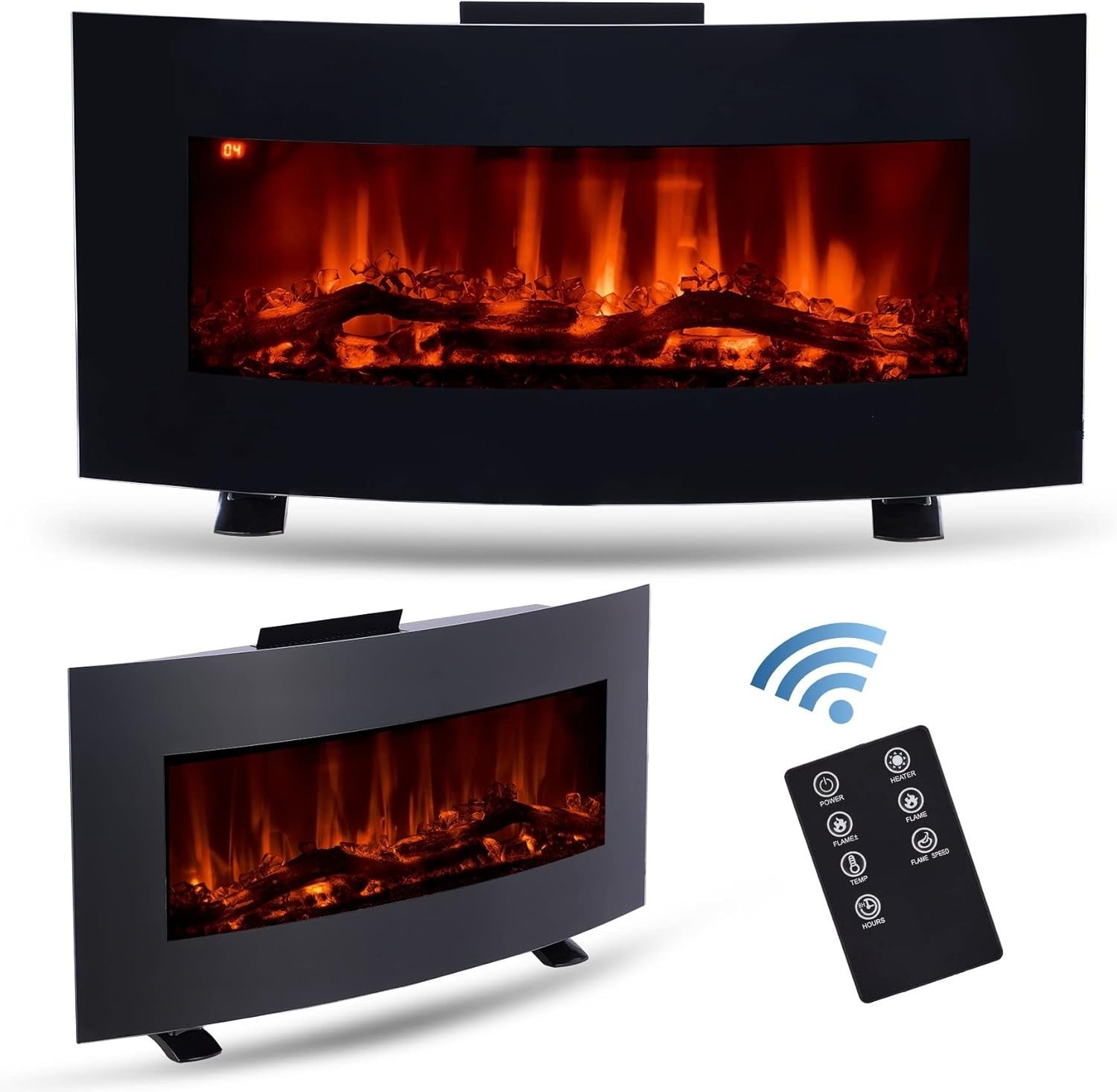 Curved Electric Fireplace Wall Mount or Freestanding 10 Flame Heater