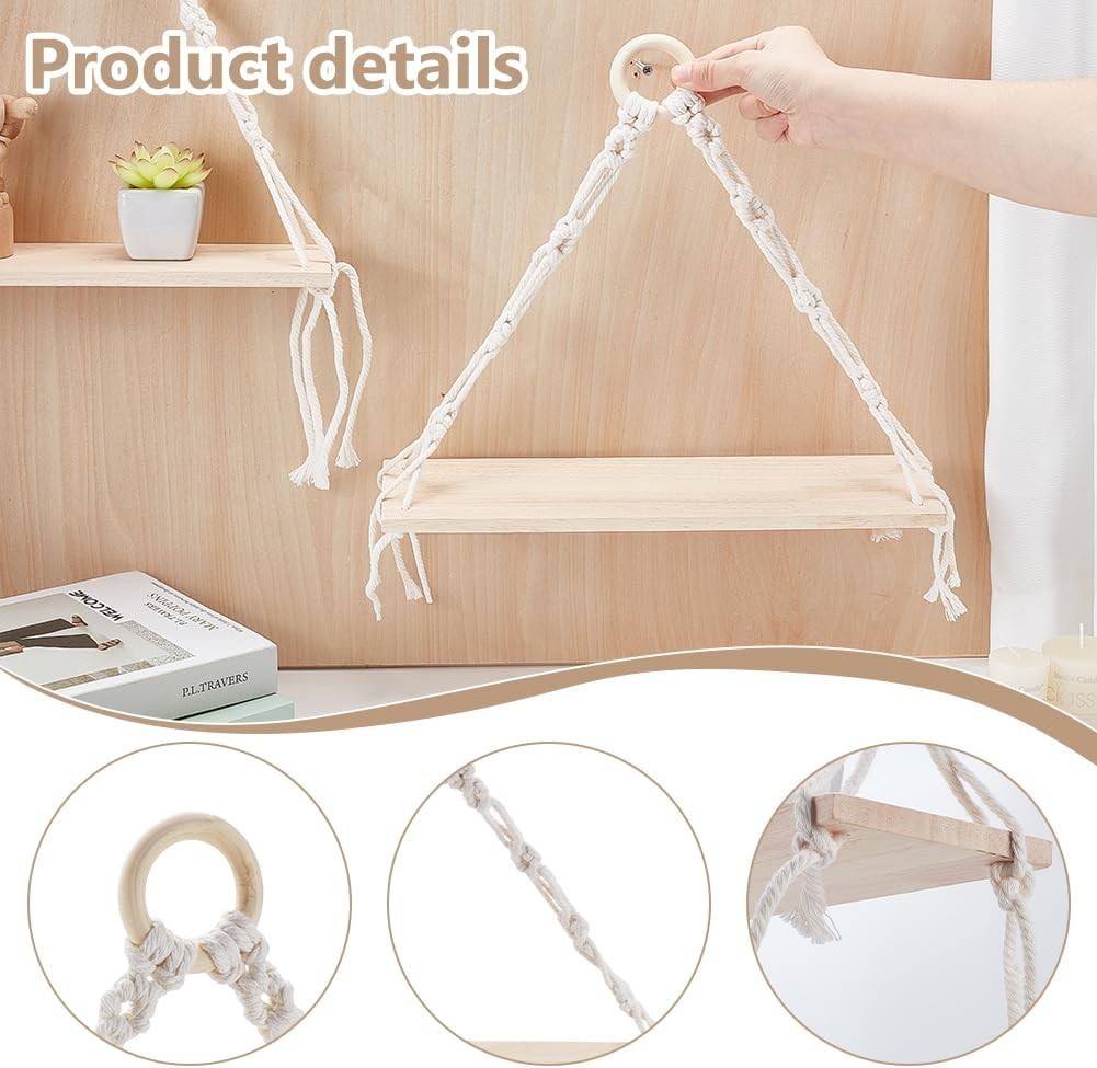 3pcs Boho Hanging Shelves Wood Floating Wall Decor 13.8x14.2in