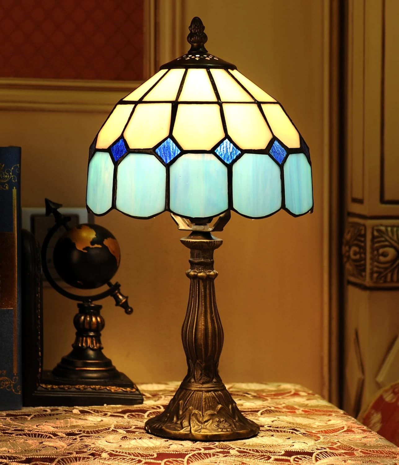 8" Tiffany Style Blue Stained Glass Table Lamp Bedside Night Light