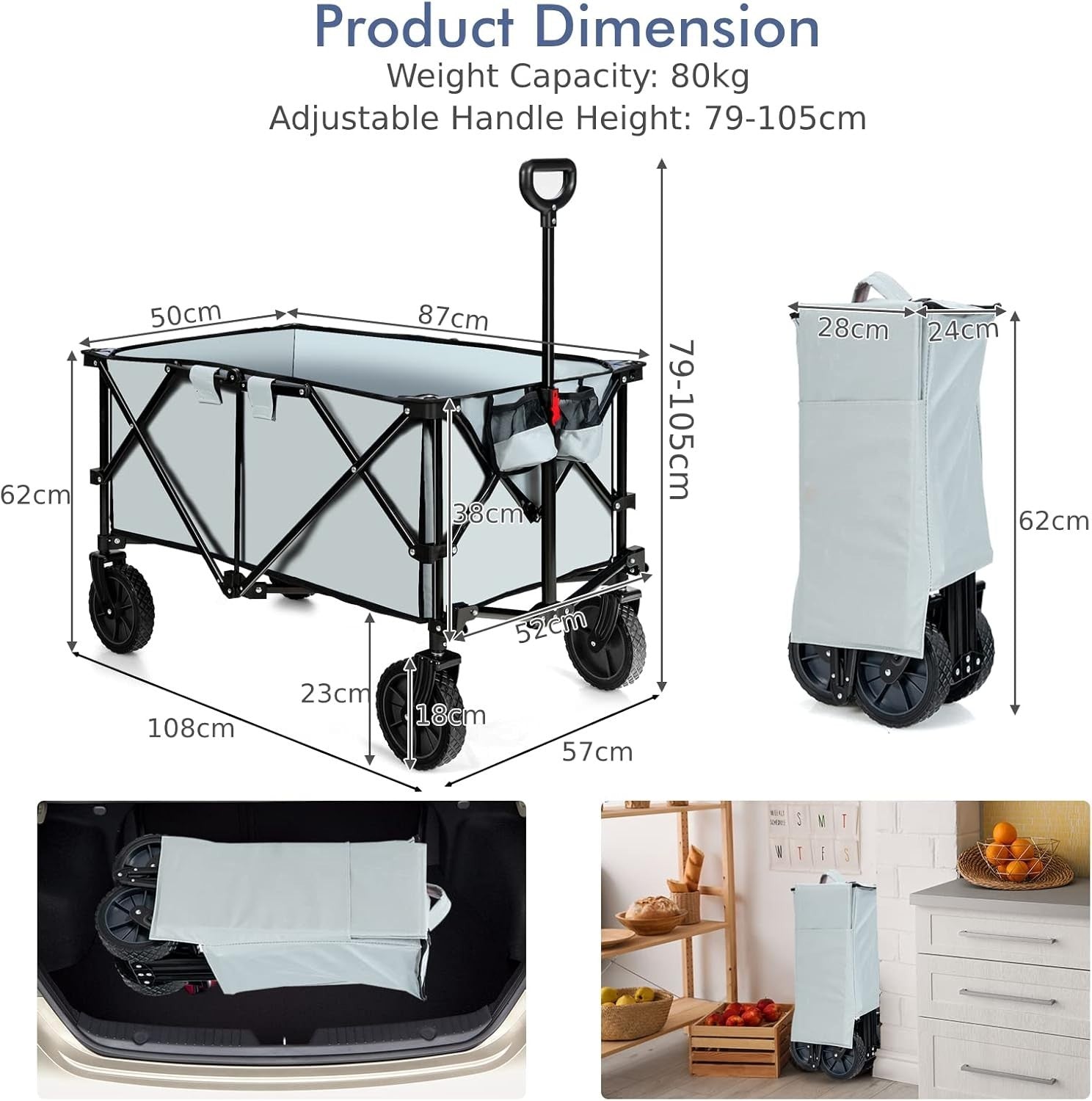 Folding Camping Wagon 87x50x38cm Heavy Duty Garden Cart Cup Holders Grey