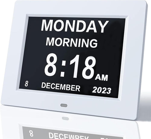 Digital Dementia Day Calendar Alarm Clock 8” Large Display White