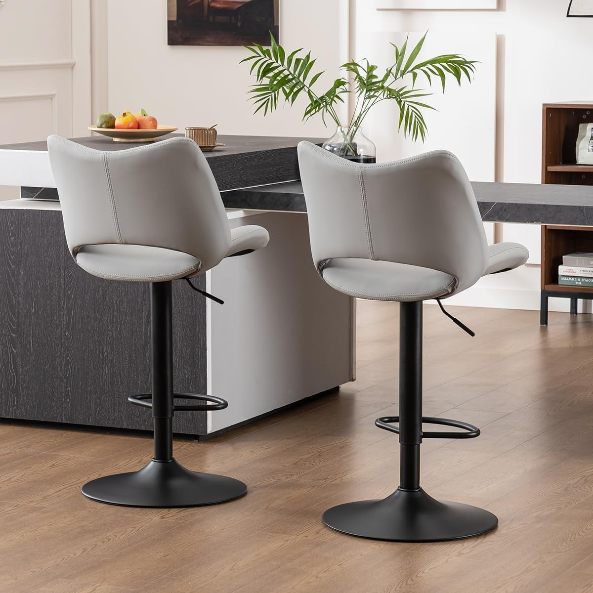 Adjustable Bar Stools 2pcs Grey PU Leather Swivel Kitchen Counter Chairs
