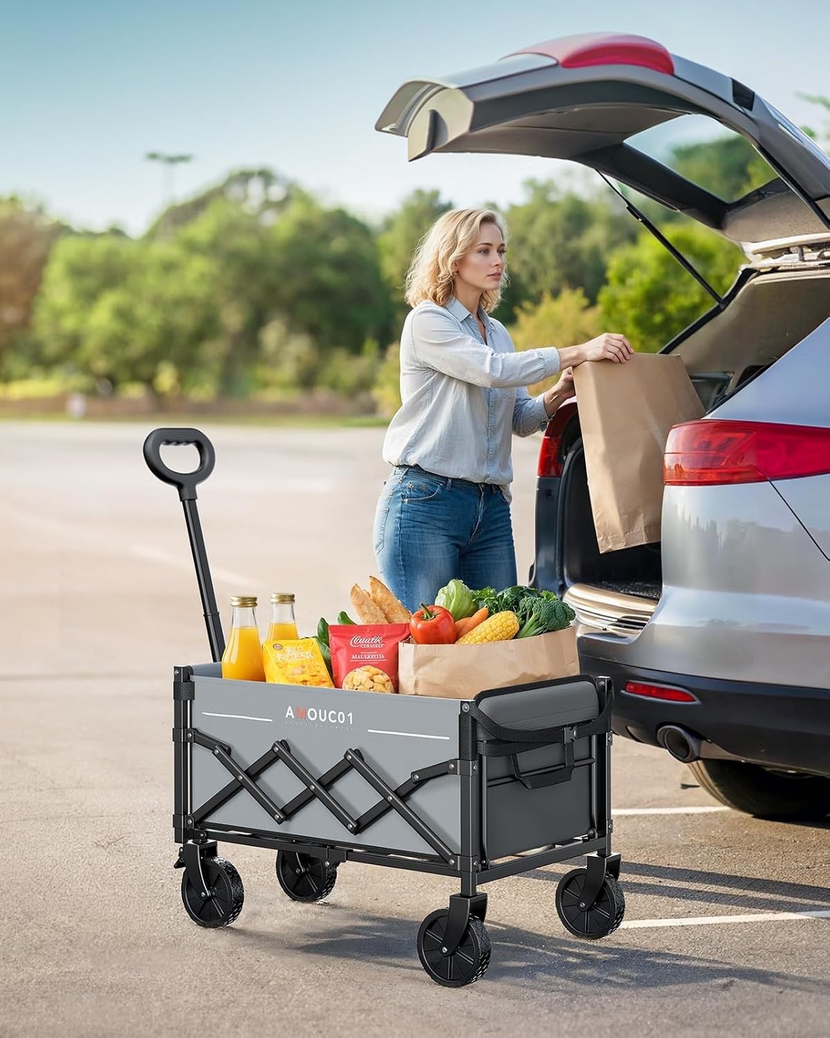 Grey 90L Folding Festival Trolley Expandable Camping Wagon 360lbs Heavy Duty