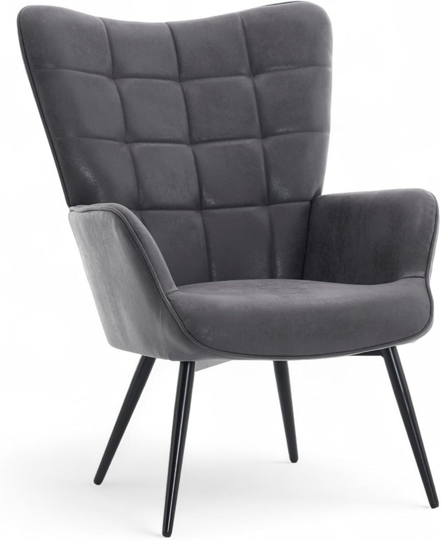 Grey Faux Leather Wingback Accent Chair Tufted Lounge Armchair