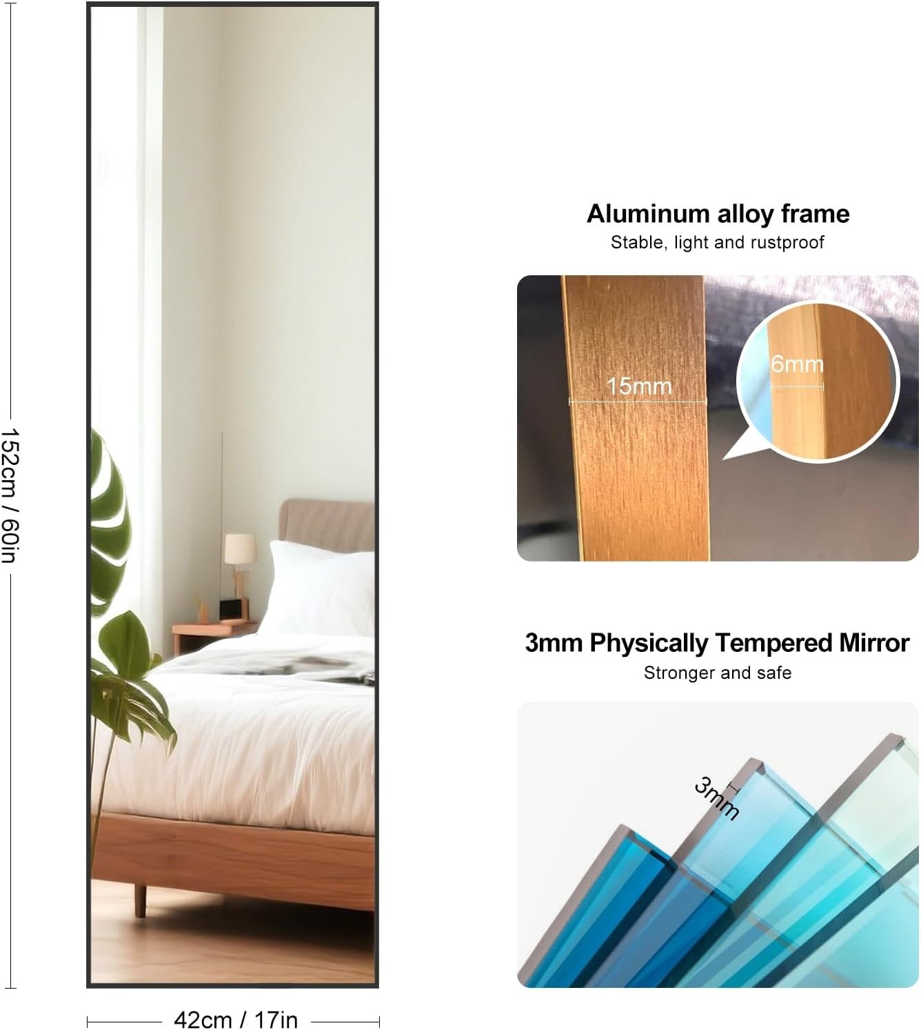 Full Length Mirror 152x42cm Black Frame Tempered Glass Slim for Small Rooms