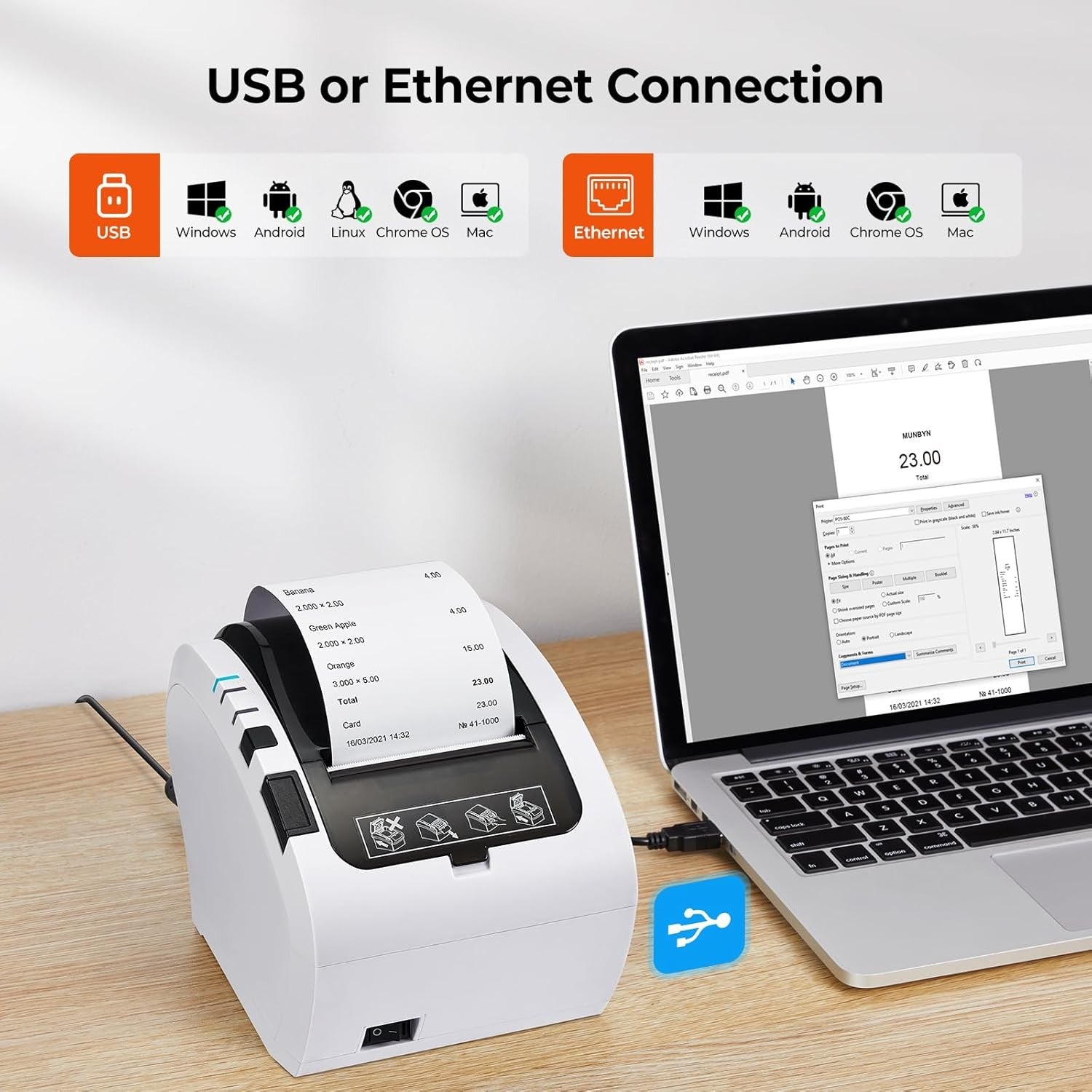 80 mm Thermal POS Receipt Printer USB & Ethernet for Shop & Restaurant