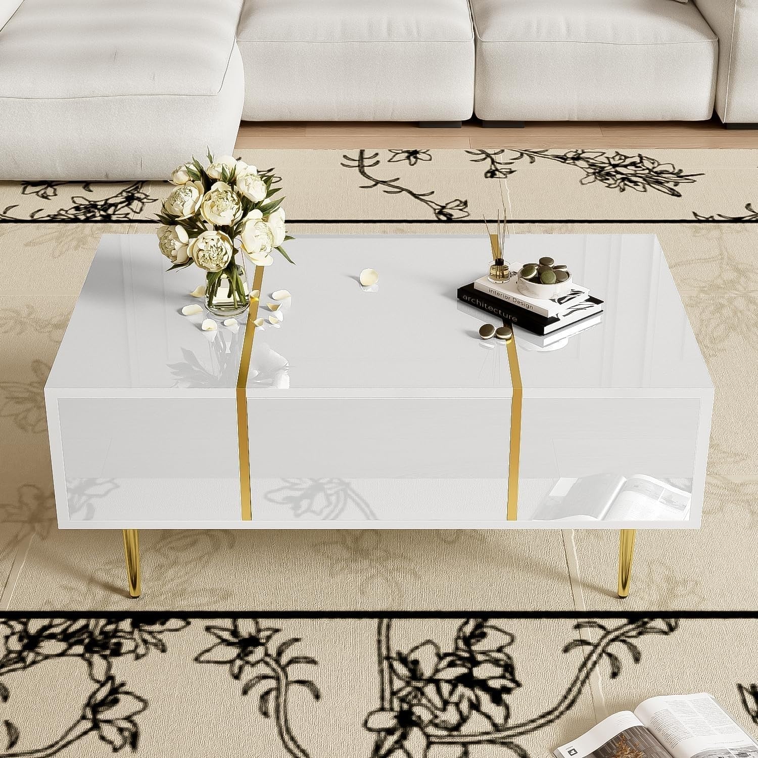 White High-Gloss Coffee Table with Storage Drawers & Gold Accents, 100x60x41cm