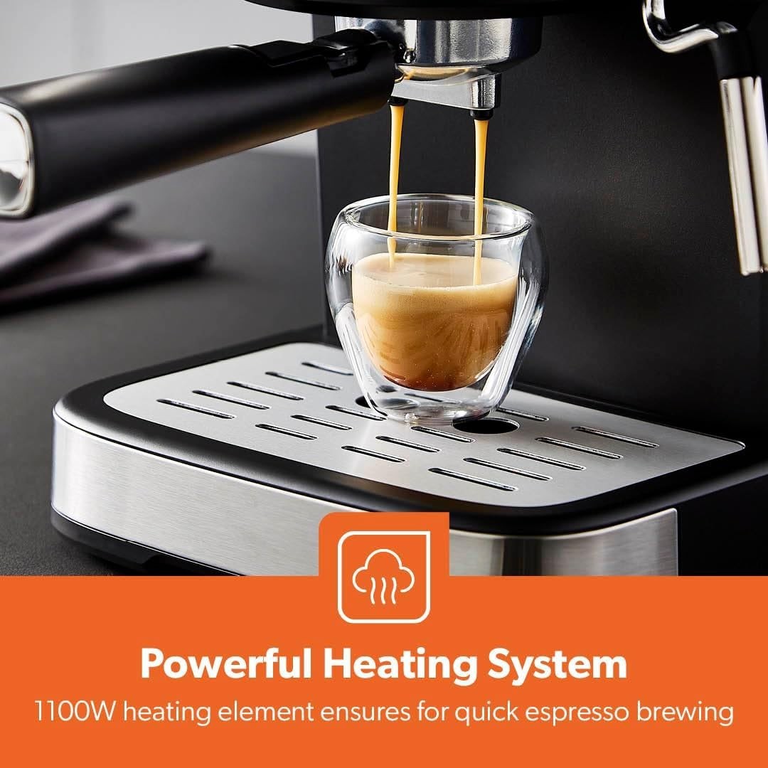 Stainless Espresso Machine 20 Bar Pressure, Milk Frother, 1.5L Tank, 1100W