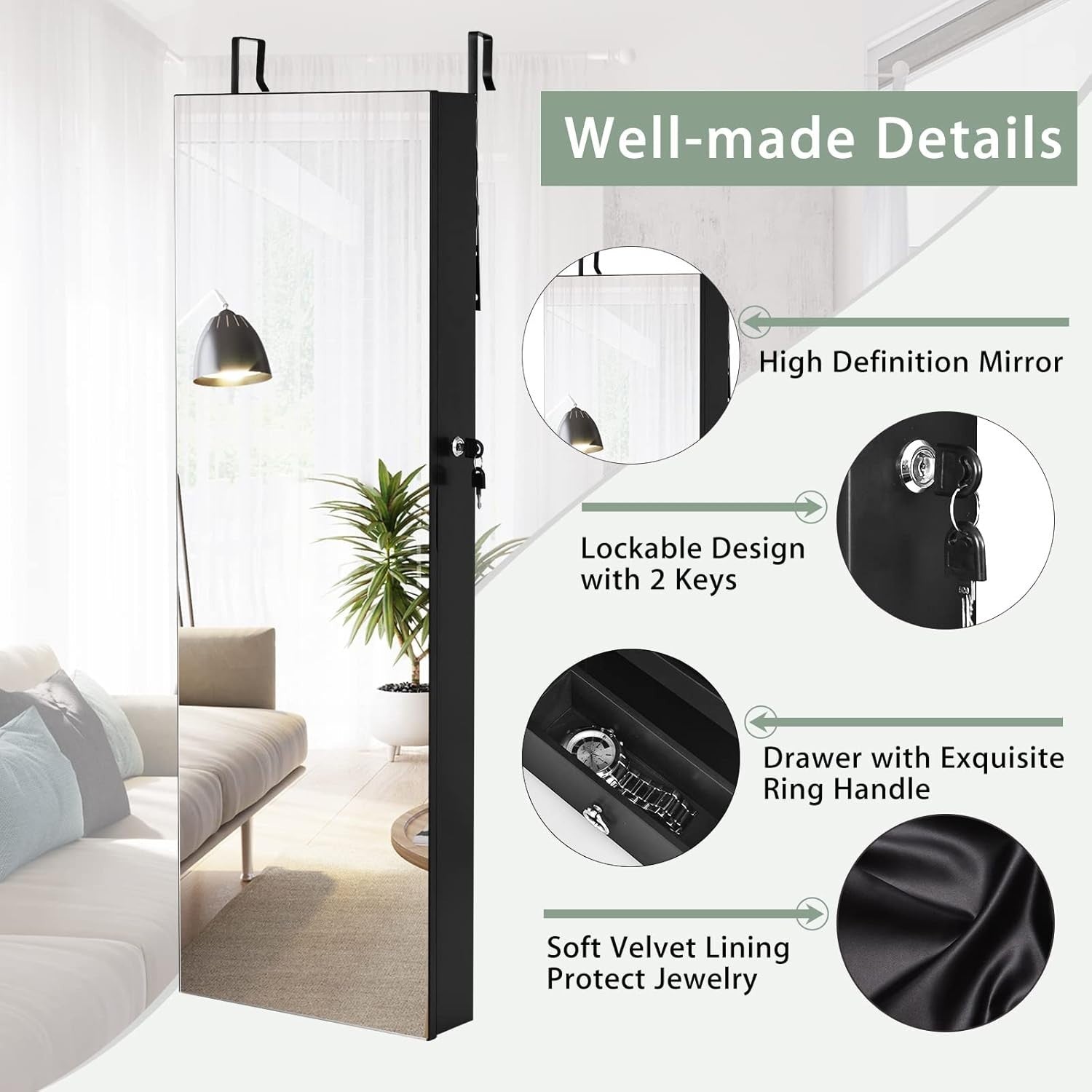 Black LED Jewelry Armoire Wall or Door Mounted Lockable Mirror Storage