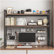 Black 2-Tier Desktop Bookcase with Grid Panel Metal/MDF Desk Hutch 95cm