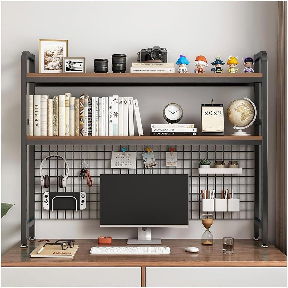 Black 2-Tier Desktop Bookcase with Grid Panel Metal/MDF Desk Hutch 95cm