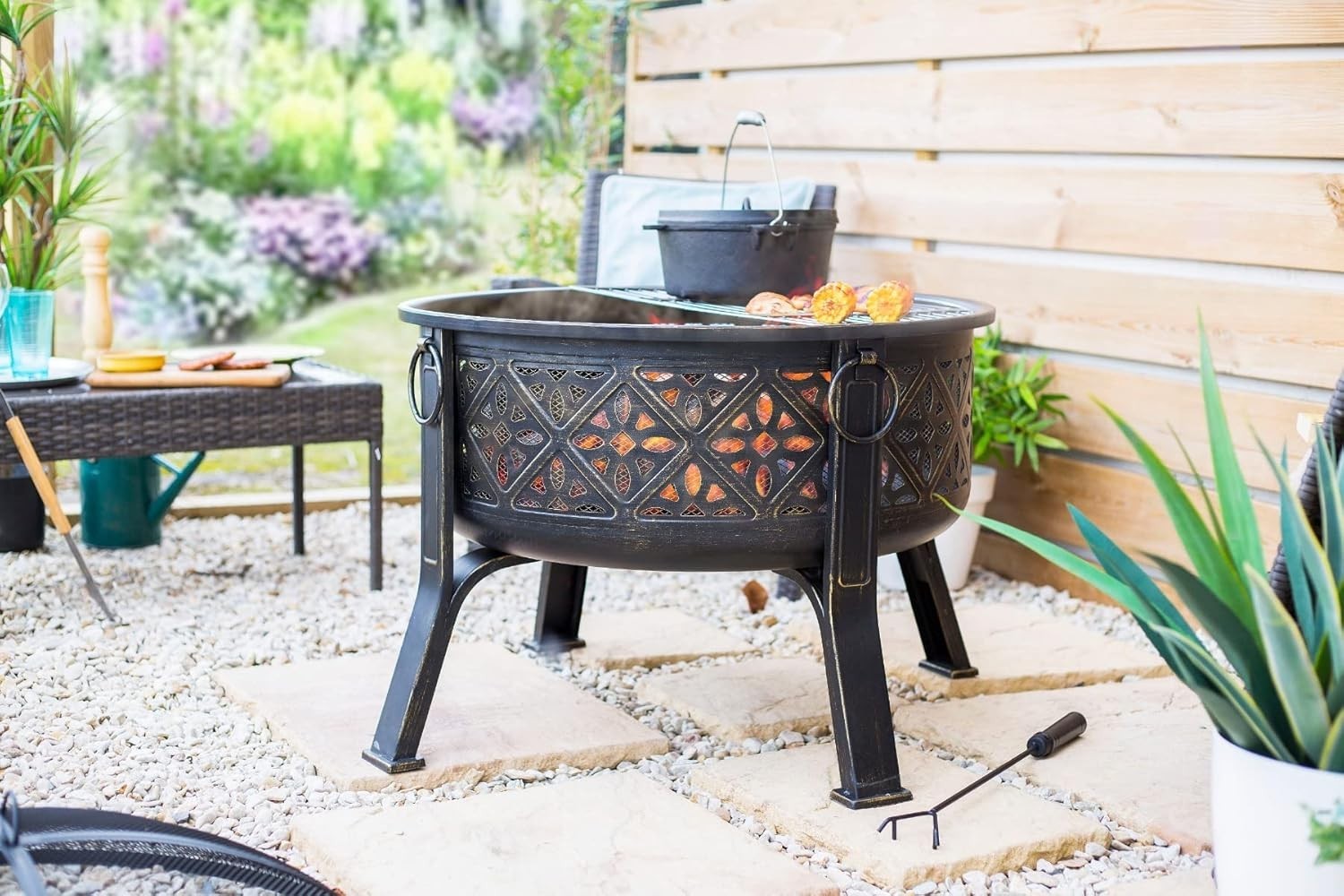 Large Deep Bowl Fire Pit with BBQ Grill | Outdoor Garden Heater | Steel Patio