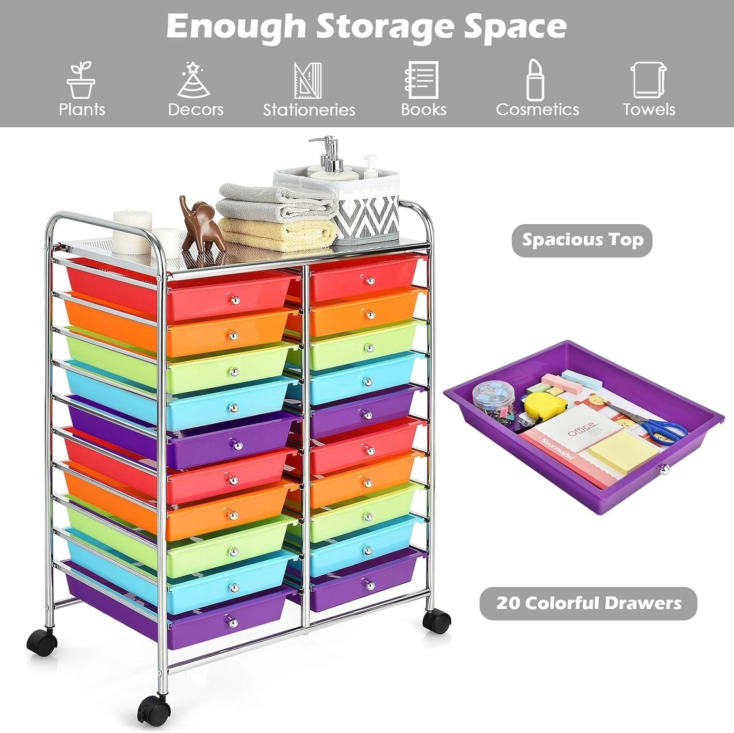 Multicolor 20 Drawer Rolling Storage Trolley Utility Organizer Cart